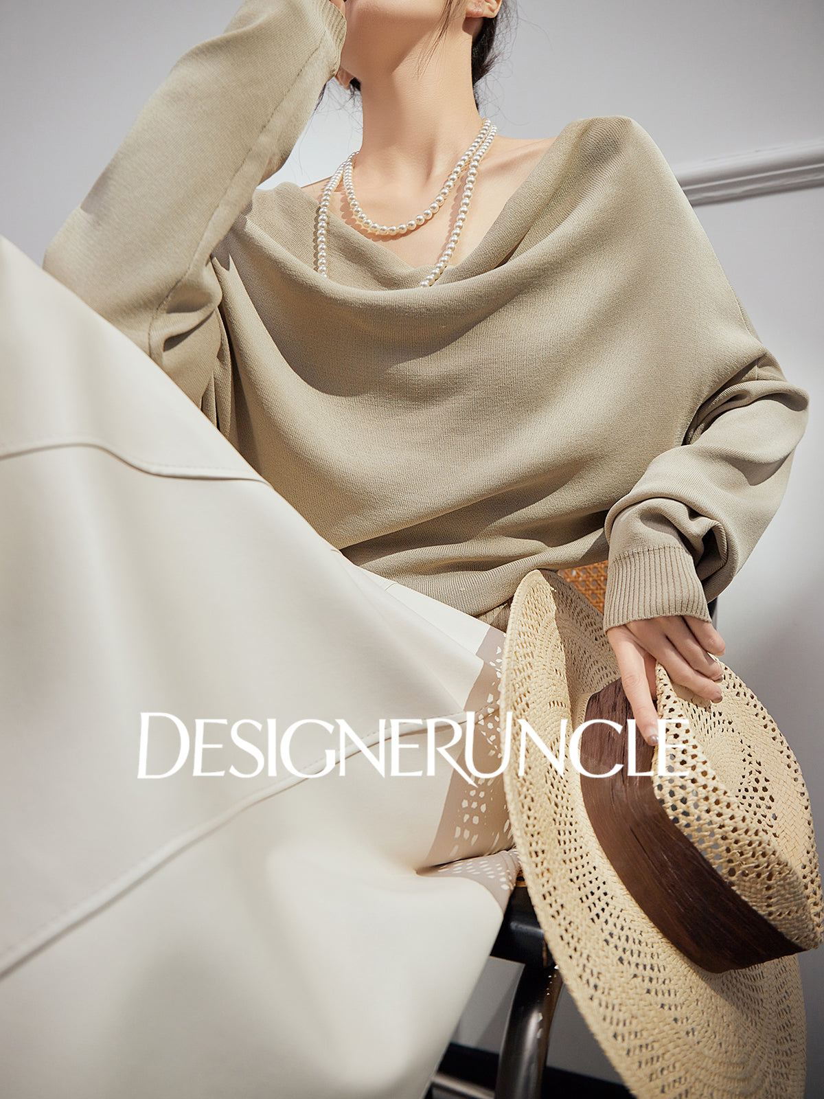 DGU "Shallow Realm" gray-green knitted sweater V-neck loose slimming temperament top - EKKO.