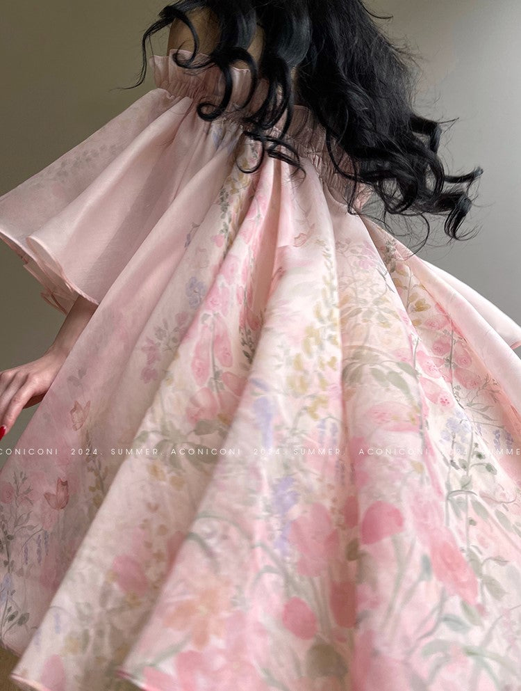 Aconiconi Luxury Off-Shoulder Flower Short Sleeve bridal baby doll Dress - Magnolia Lotus Fragrance