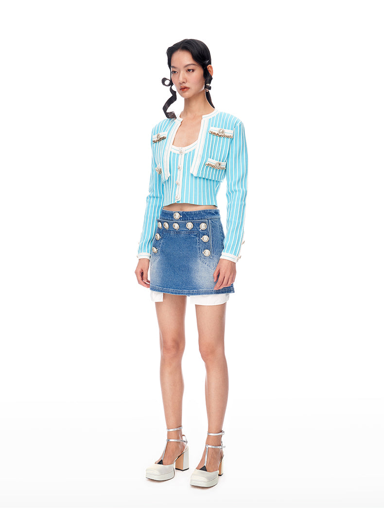 Bright  blue vertical striped two-piece knitted top - Ari