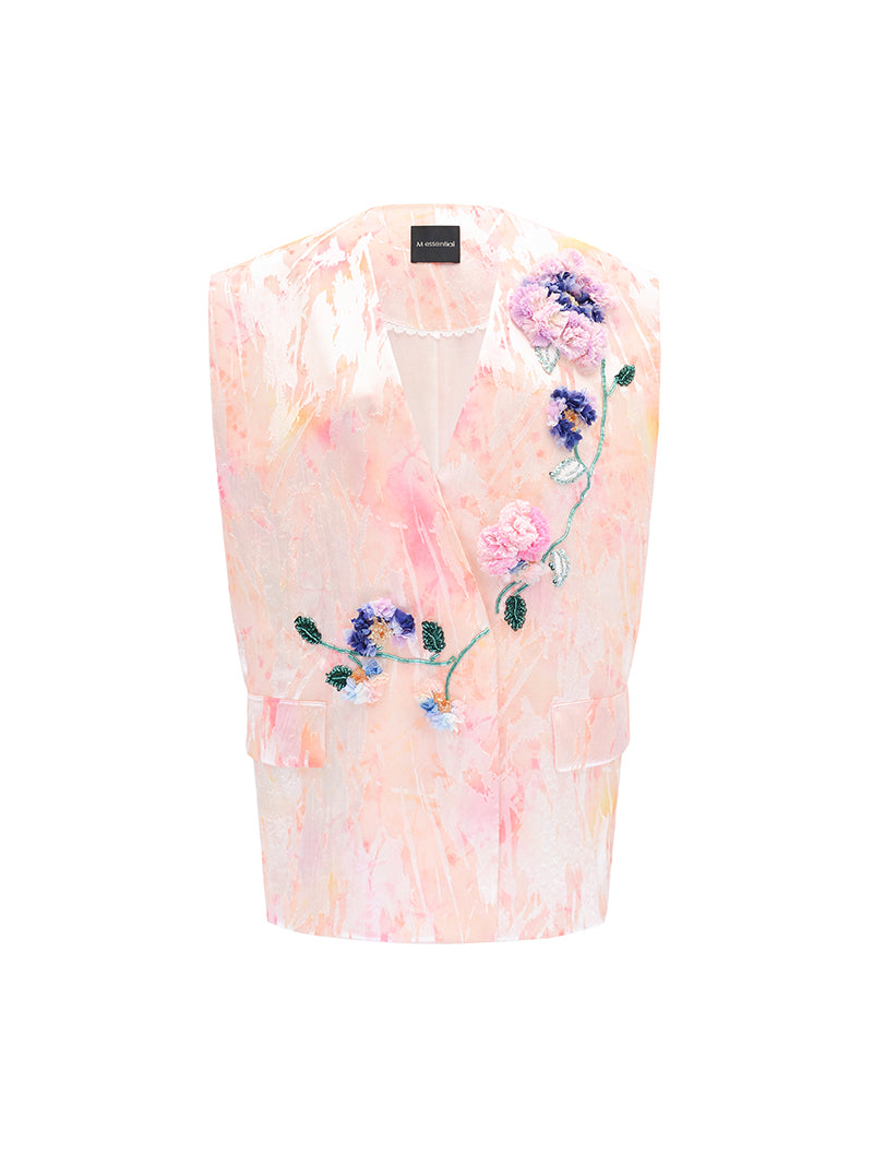 M essential Mackay designer iridescence crepe workshop raffia multi-floral gilet - STEPH.