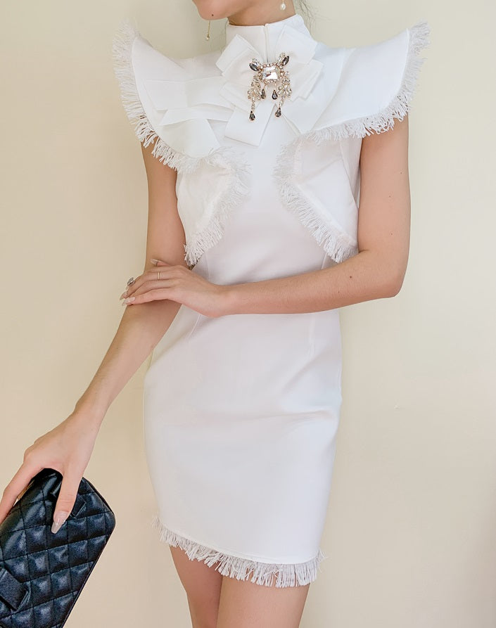 DOLLY Elegant White/Black Stand Collar Short Sleeve Slim Fit Short Fringe Dress-FRIYA