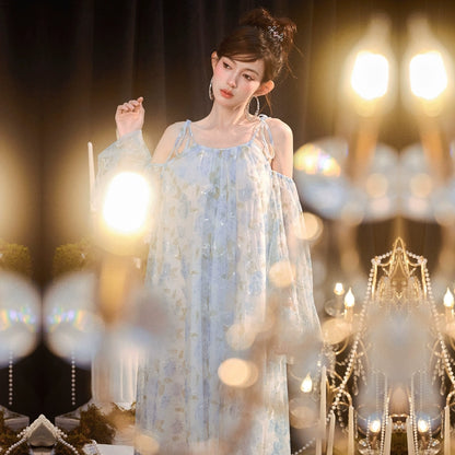 DOLLY Elegant Blue French Style Floral Off Shoulder Loose Glitter Resort Dress-TEE