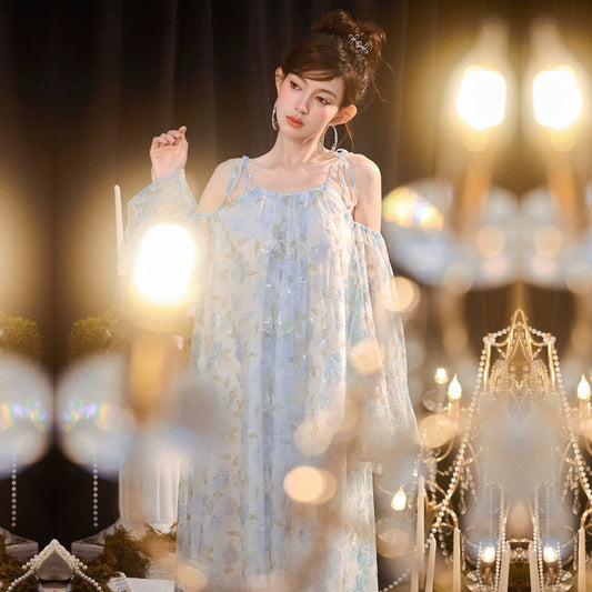 DOLLY Elegant Blue French Style Floral Off Shoulder Loose Glitter Resort Dress-TEE