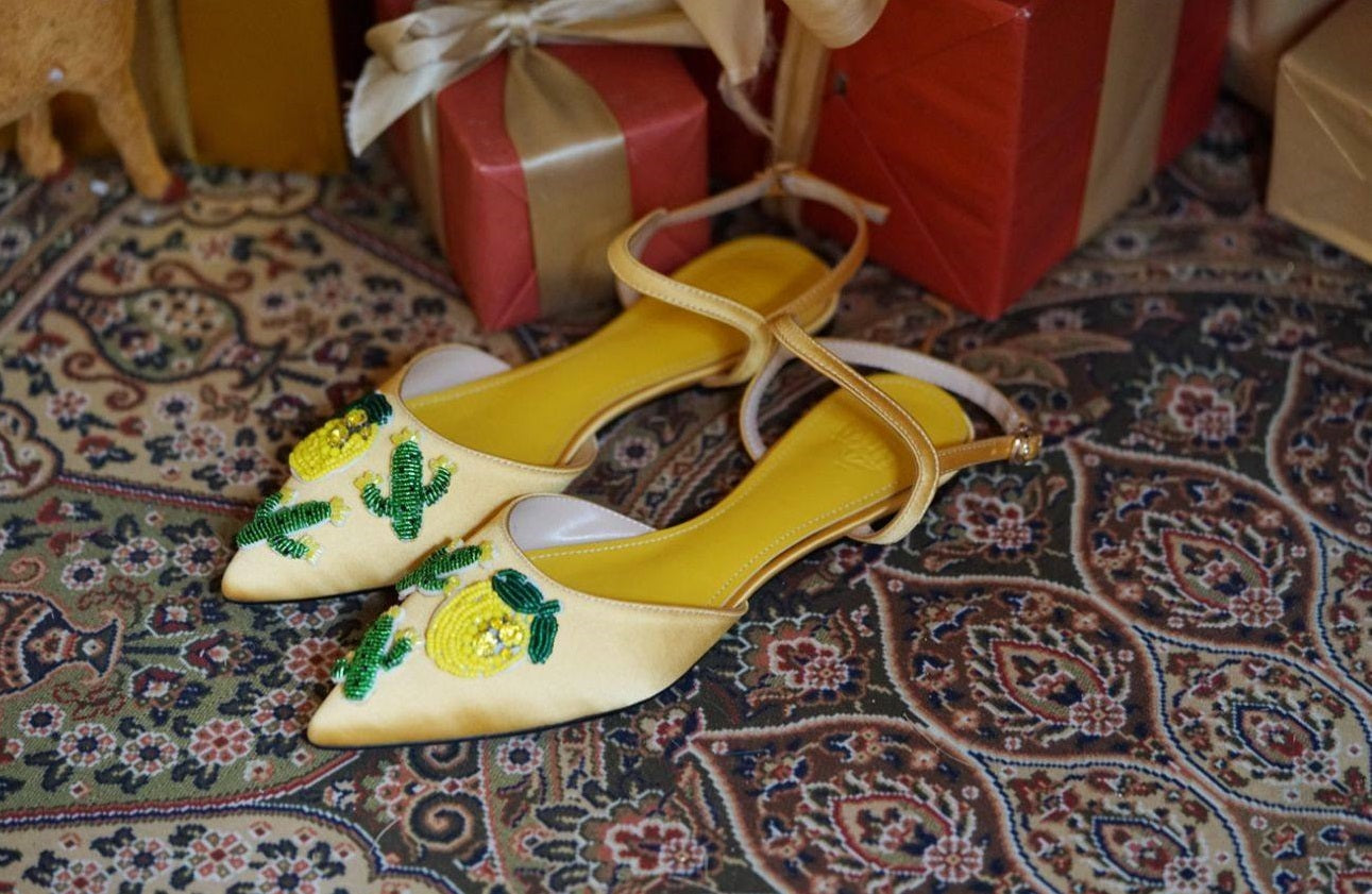 B-FEI Yellow Pointed Toe Embossed Flat Women's Sandals-VILIA.