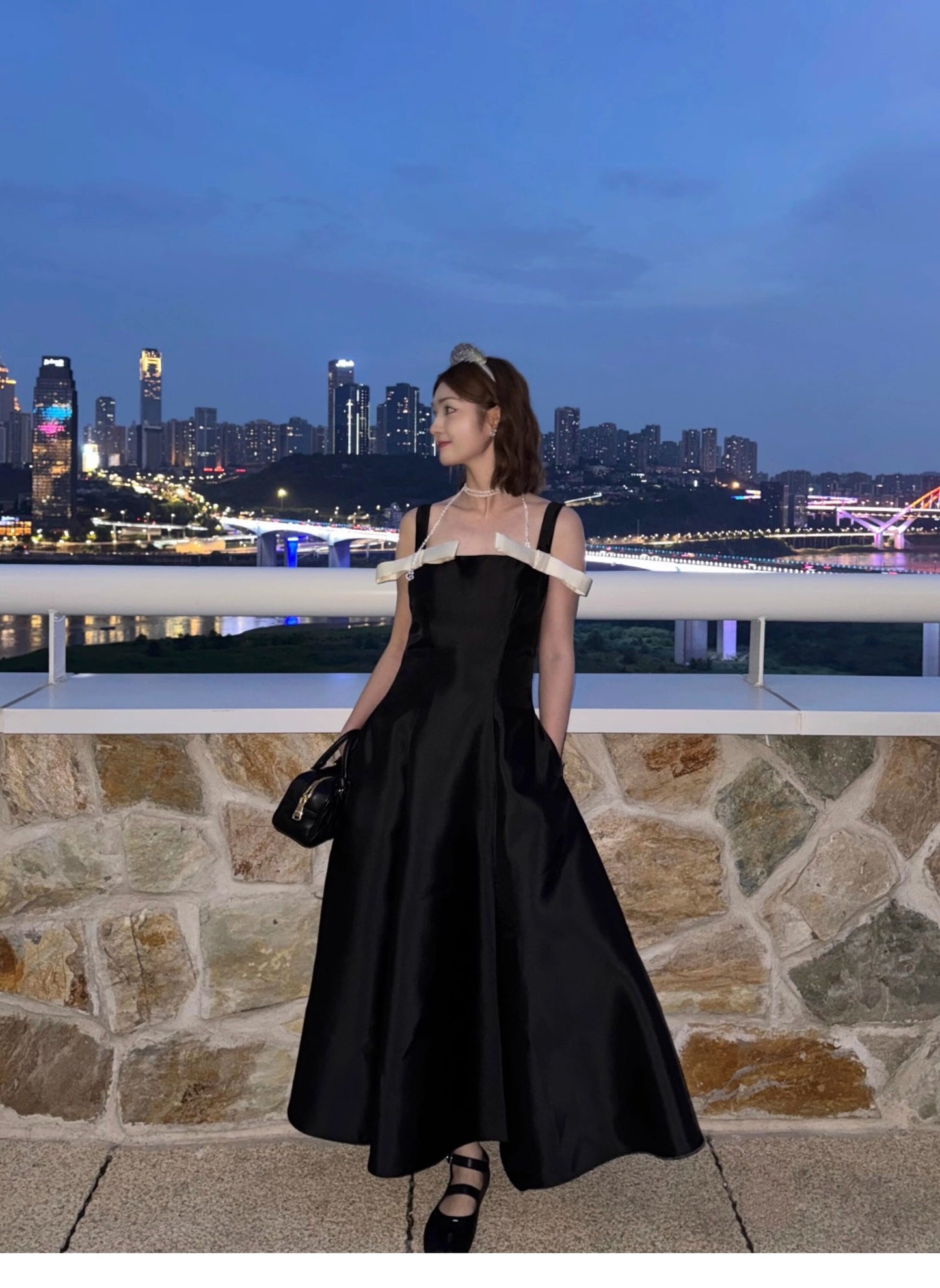 ATELIER MISS LU  Contrasting Bow Splicing Dress Long Skirt - MARTA.