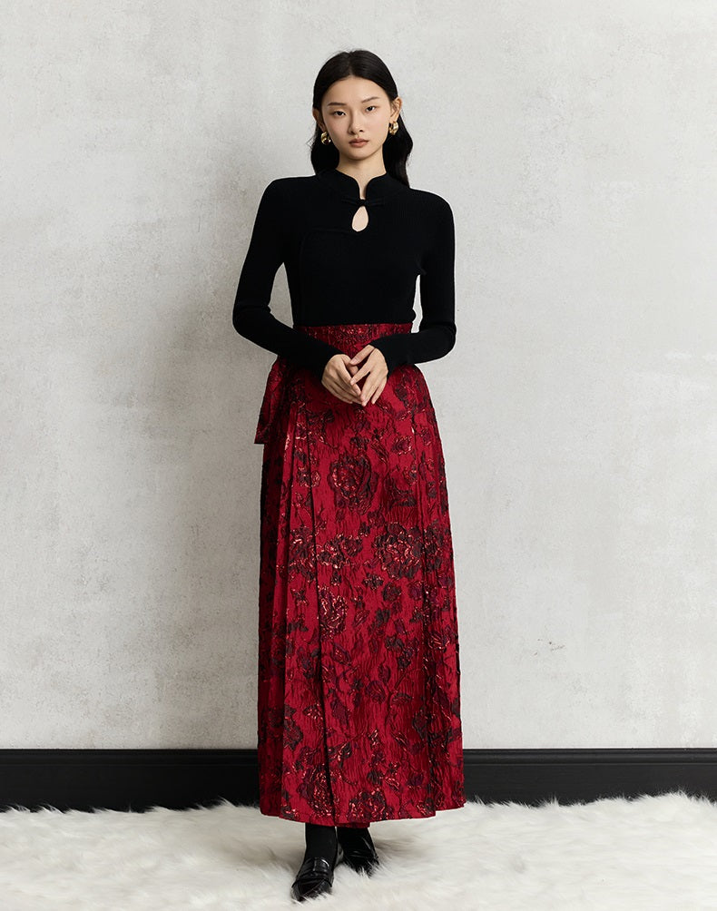 HECO Wear Gold Wire Embossed Horse Face red high waist pleated Skirt - burn.