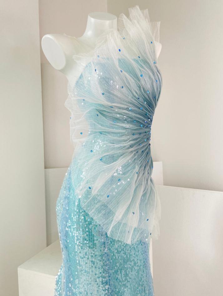 DOLLY Luxury Blue Sleeveless Mesh Bandeau High Waist Long Fish Tail Cocktail Dress-SENORA