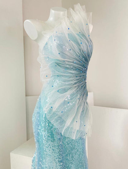 DOLLY Luxury Blue Sleeveless Mesh Bandeau High Waist Long Fish Tail Cocktail Dress-SENORA