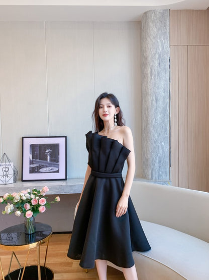 DOLLY Elegant Off Shoulder Pleated Ruffle Tube Top High Wait Midi Dress-LLA