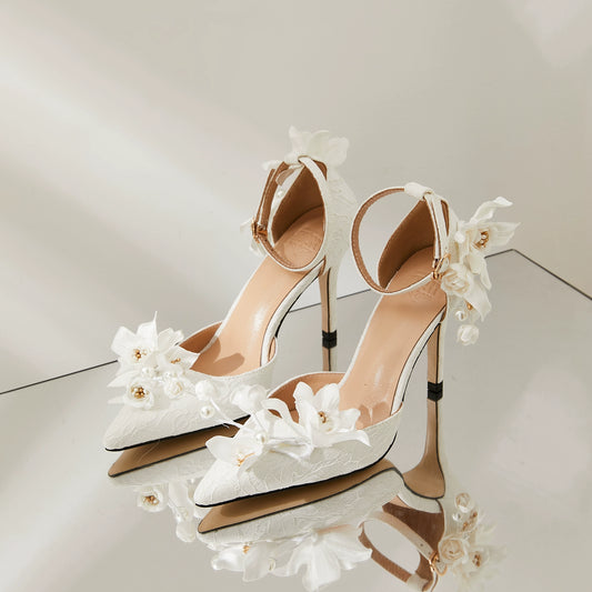 B-FEI white flower wedding ankle strap high heel shoes-MIJI.
