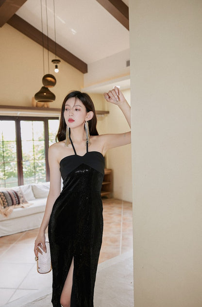 DOLLY Elegant Black Sequin Halter Neck Tube Top Slit Dinner Date Dress-VALENCIA