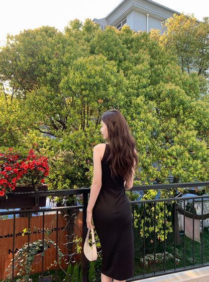 DOLLY Elegant Black Sleeveless Slim Fit Pleated Waist Long Birthday Dress-JUDY