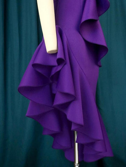 DOLLY Elegant Retro Style Deep Purple Ruffled Off Shoulder Midi Dress-PINKY