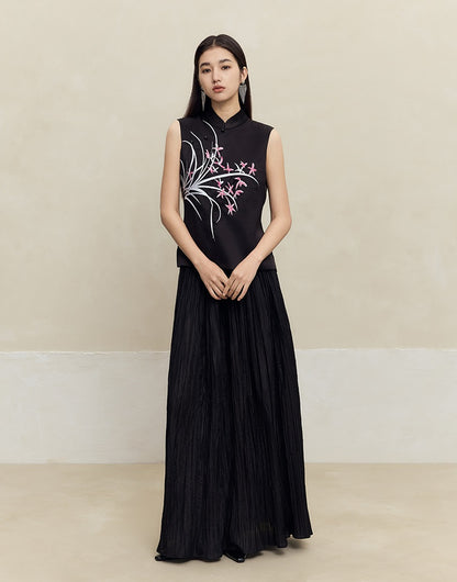 HECO striped texture swing high waist black green women's long skirt - muse.