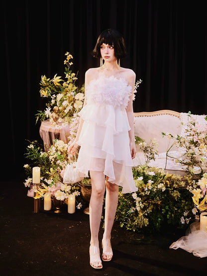 DOLLY Luxury White Feather Tube Top Flower French Style Dress-Hola