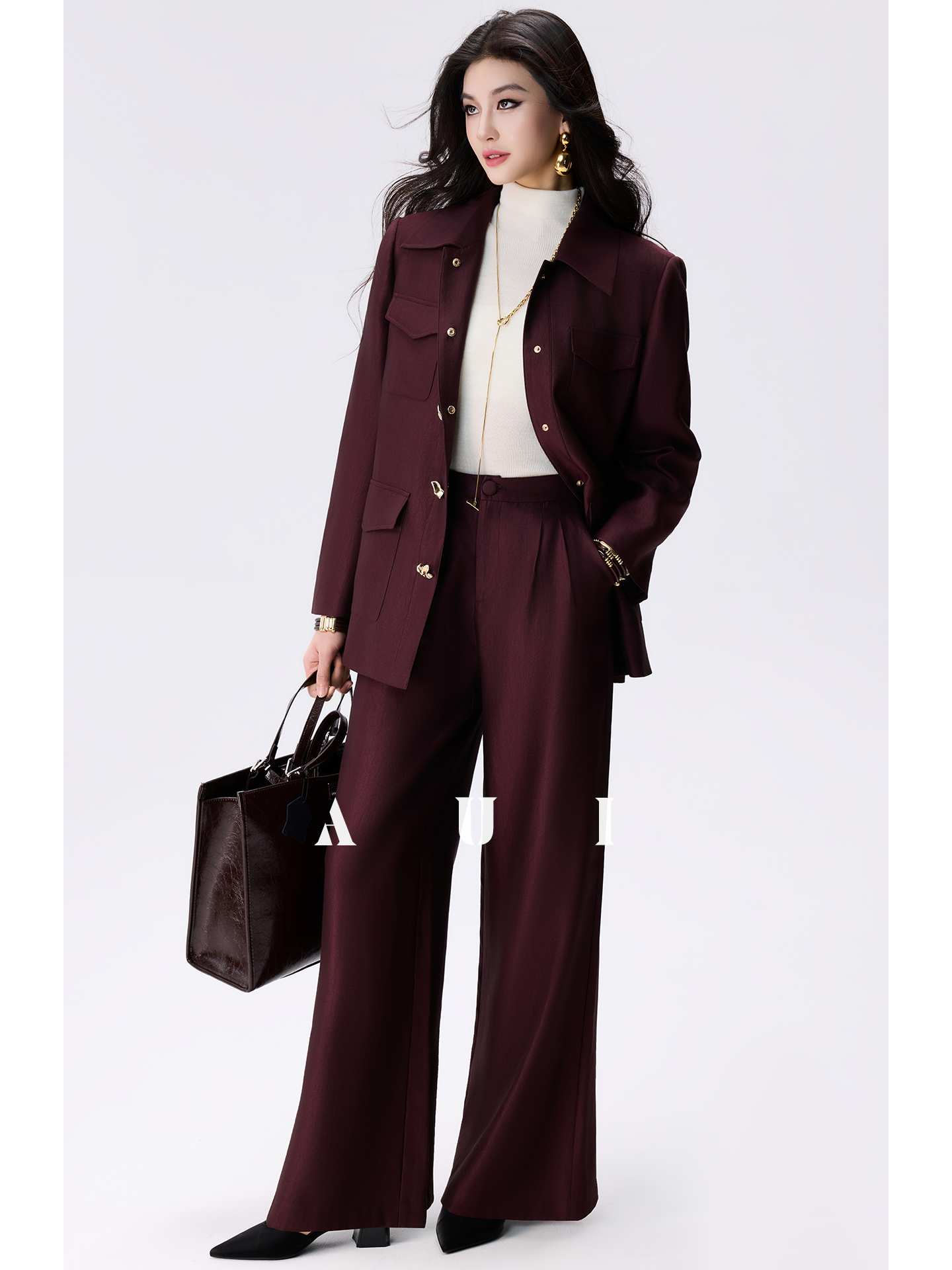 AUI Angora Red Polo Collar Shirt Outer Suit Wide-leg Casual Pants Two-Piece Set -  Hei Ryung.