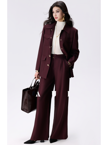 AUI Angora Red Polo Collar Shirt Outer Suit Wide-leg Casual Pants Two-Piece Set -  Hei Ryung.