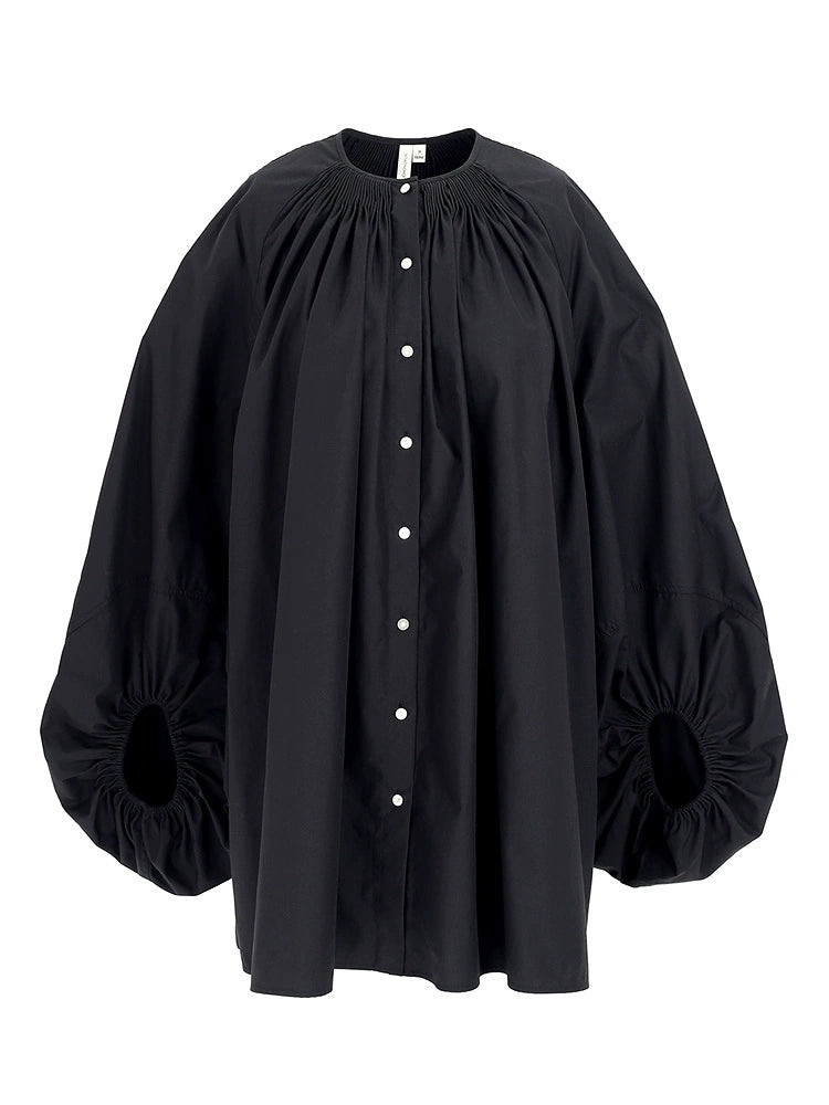 ZHUCHONGYUN Cotton Black Pinch Pleated Loose Straight Shirt--CHIDOME.