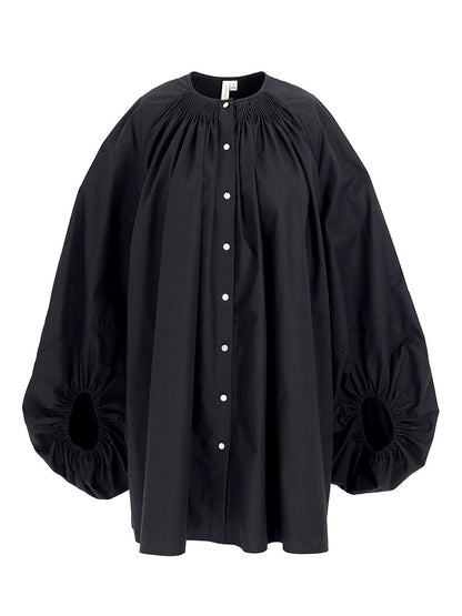 ZHUCHONGYUN Cotton Black Pinch Pleated Loose Straight Shirt--CHIDOME.