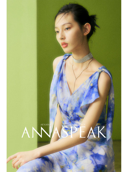 AnnaSpeak Elegant Print V-Neck Sleeveless Irregular Skirt/Resort Dress-Elsa