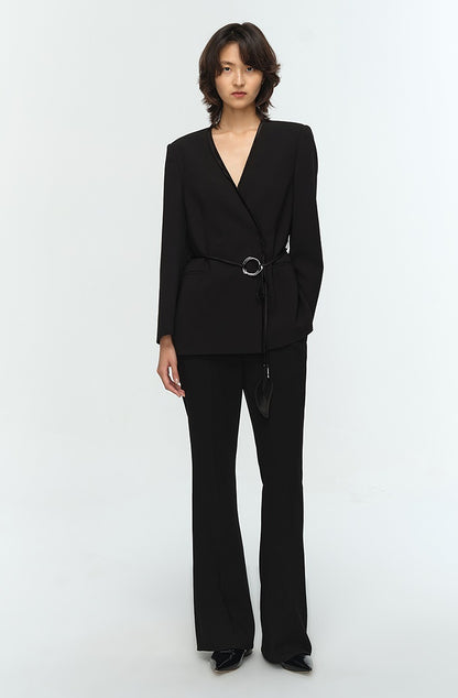 COMME MOI Lu Yan Designer New Women's Acetate V-Neck Waist Rope Slim Suit - BAKA.