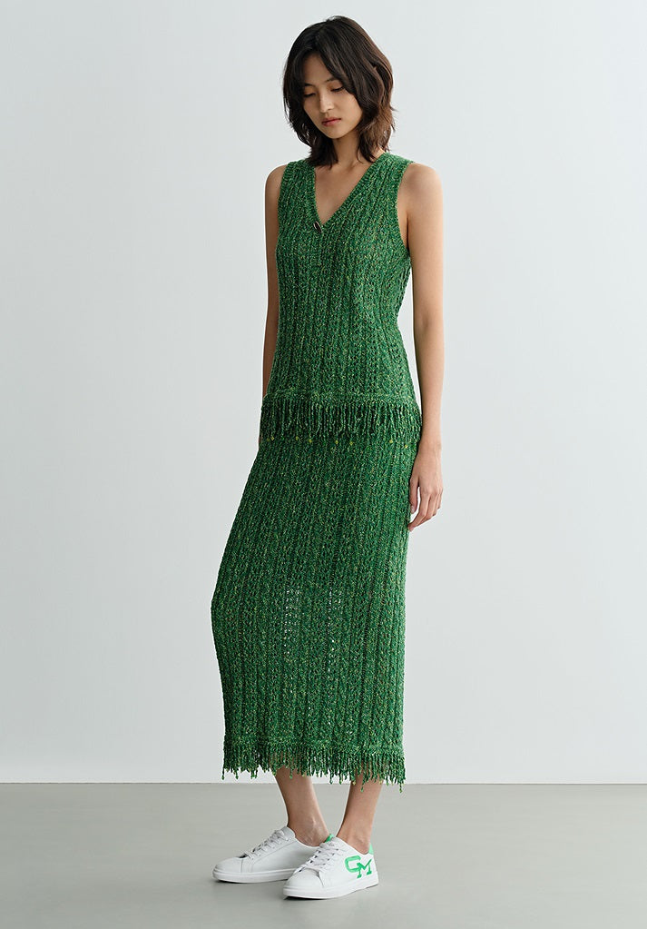 COMME MOI Lv Yan designer spring new women's beaded tassel cut-out knitted skirt - DAISY.