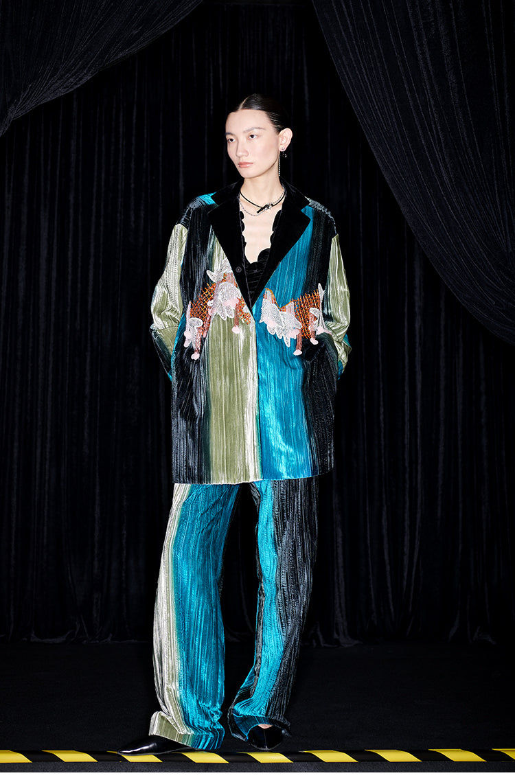 M essential Mackay designer hand-painted velvet tassel-embellished jacket pant set- Sanui.