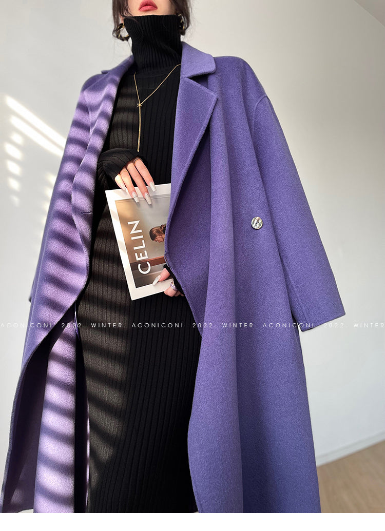 Aconiconi Luxury Purple Lapel Long Sleeve Long Straight Winter Coat- Taro