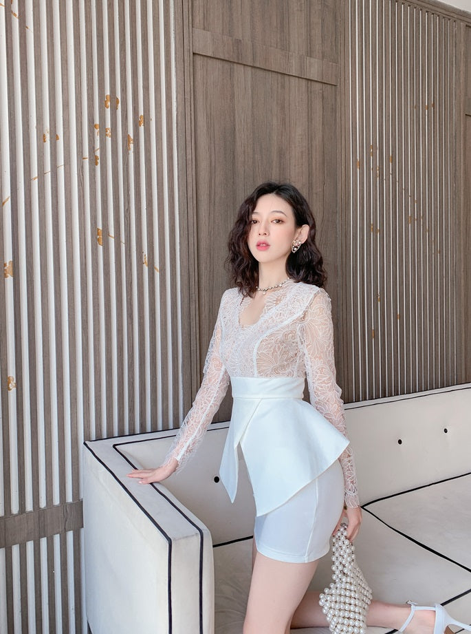 DOLLY Elegant White V-Neck Long Sleeve High Waist Peplum Short Date Dress-LOUIS