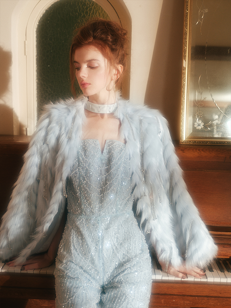 Wardrobes by Chen Luxury Diamond Chain Tassel Fur Coat/Beaded Jumpsuit-Divine