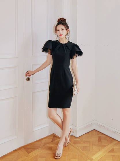 DOLLY Elegant Black Half Turtle Neck Short Puff Sleeve Midi Mesh Dinner Dress-AARTI