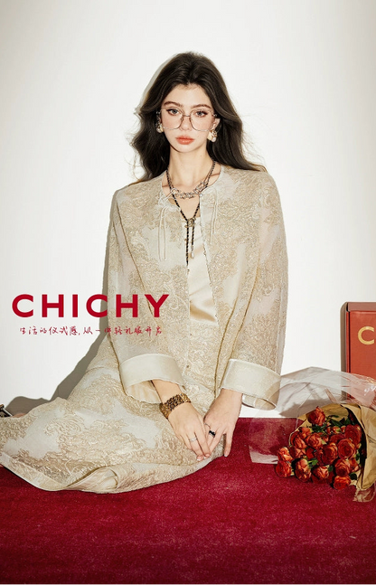 CHICHY mulberry silk national style embroidery jacquard top long skirt set-DINA