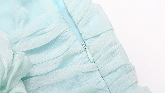 D0LLY Luxury French Style V-Neck Long Puff Sleeve Chiffon Pleated Ruffle Dress-VERA