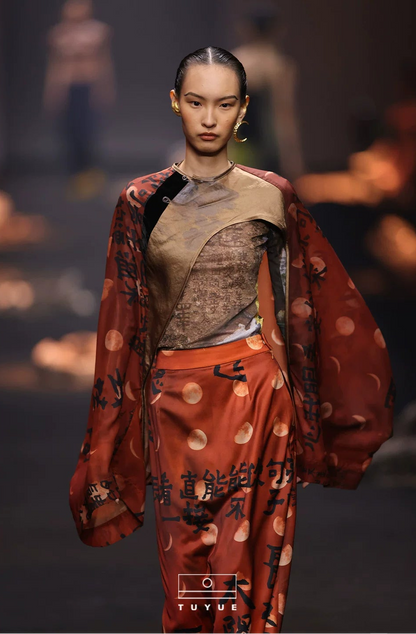 TUYUE Chinese Art Print Satin Acetate Silhouette Shawl Jacket- AMBER
