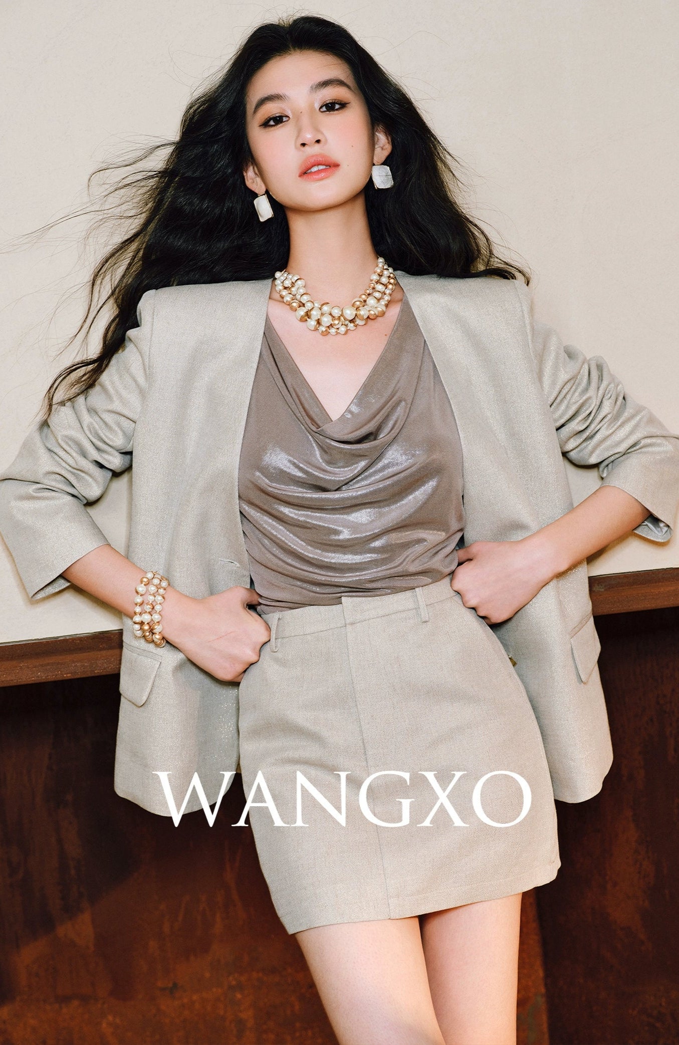 WANGXO Linen Luster Set Light-Luxury Collarless Suit & Micro A-Skirt Old Money Style- LYRAH