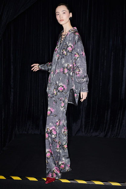 M essential Mackay designer cherry blossom print beads scissor neck loose top - NOCTAINE.