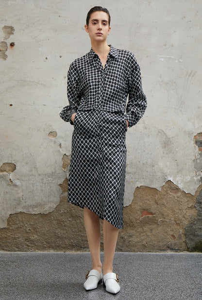 COMME MOI Lv Yan designer women's elegant silk black and white printed long sleeve dress - EMILIA.