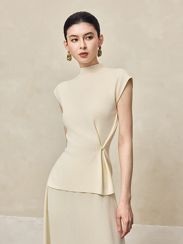 HECO Waist Side Buckle Stand Collar Knitted Short Sleeve Top- BLOOD.