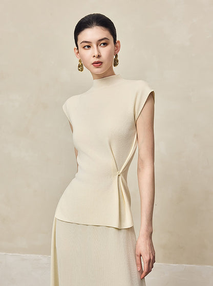 HECO Waist Side Buckle Stand Collar Knitted Short Sleeve Top- BLOOD.