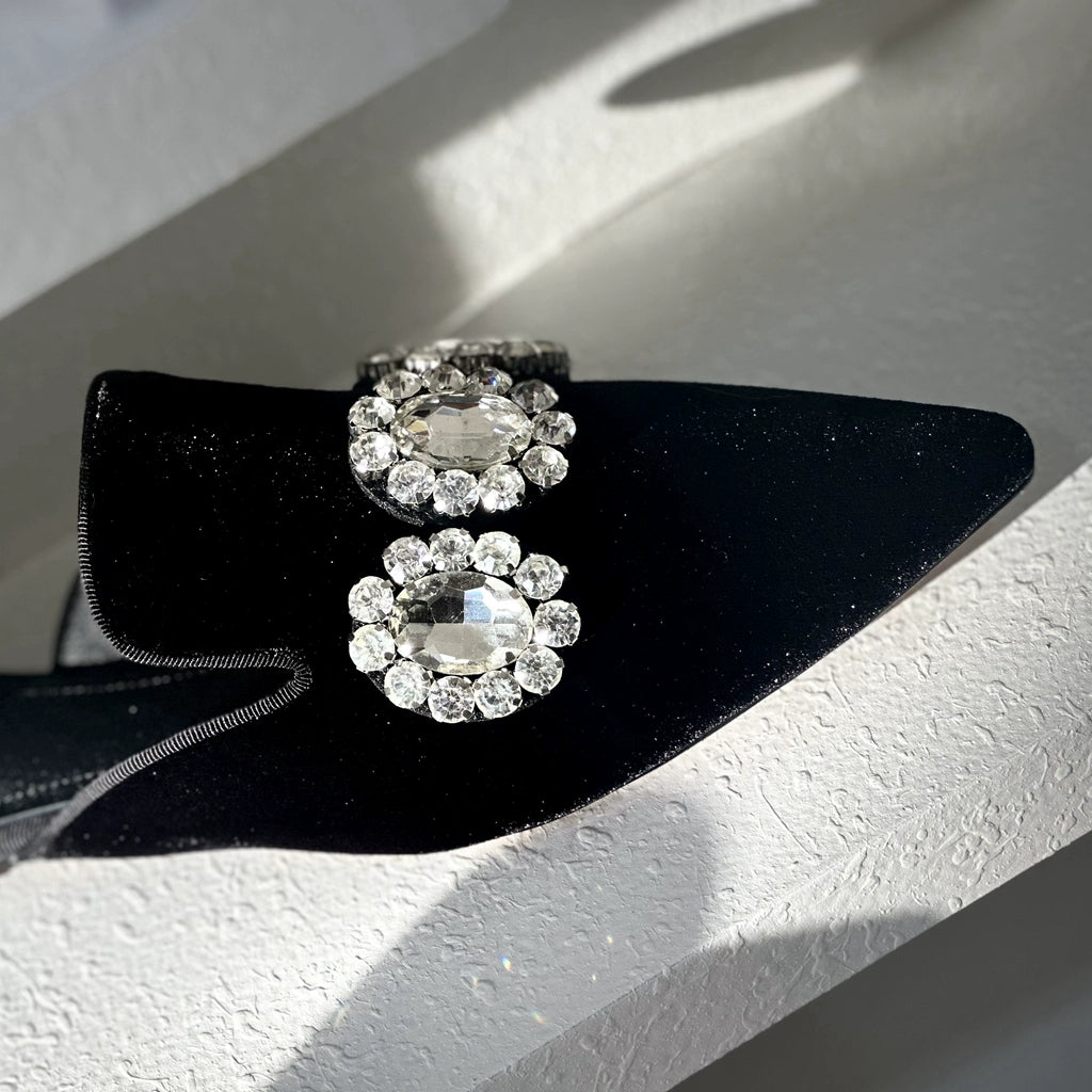B-FEI custom pointed rhinestone flat mules.