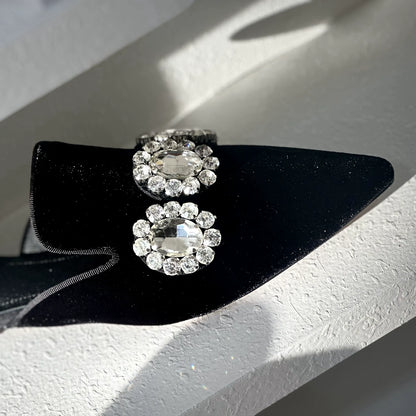 B-FEI custom pointed rhinestone flat mules.