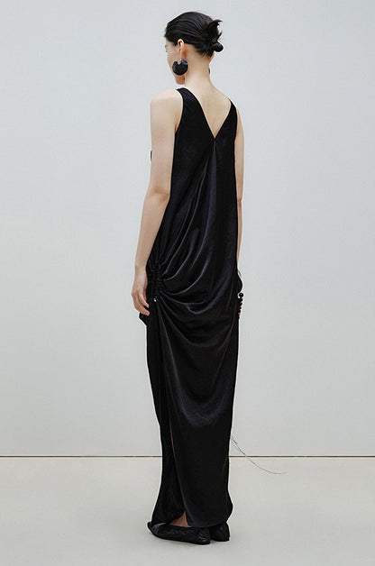 ZHUCHONGYUN Black Stylish Wide Strap V-Neck Pleated Slit Dress-SABRI.