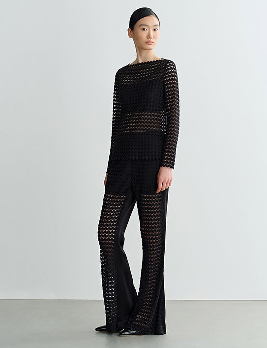 COMME MOI summer black cut-out satin panel flared pants - MADELYN.