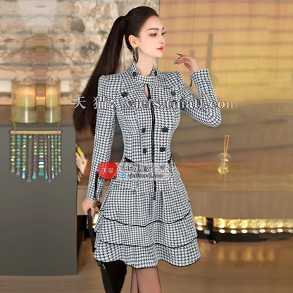 VJE Houndstooth Waist Suit Skirt Top Puffy Skirt Two-Piece Set-AERA.
