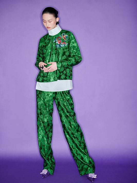 M essential Mackay designer emerald green silk thread embroidered top  pants set- zim.