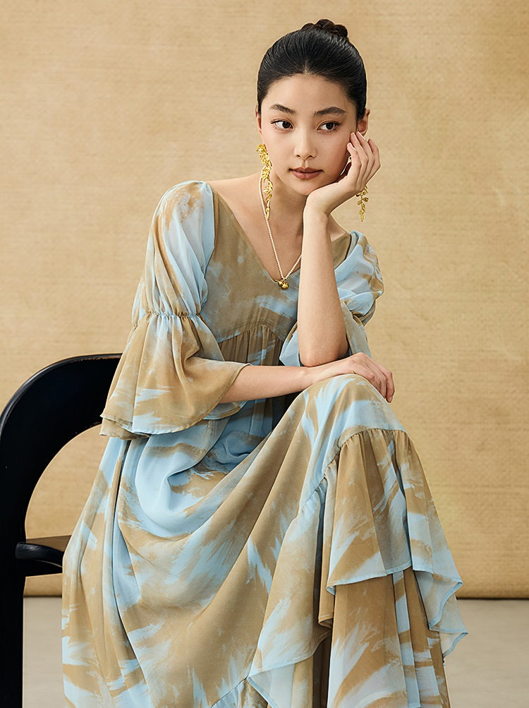 HECO Chinese V-neck wavy sleeve summer big resort dress - AMAZE .