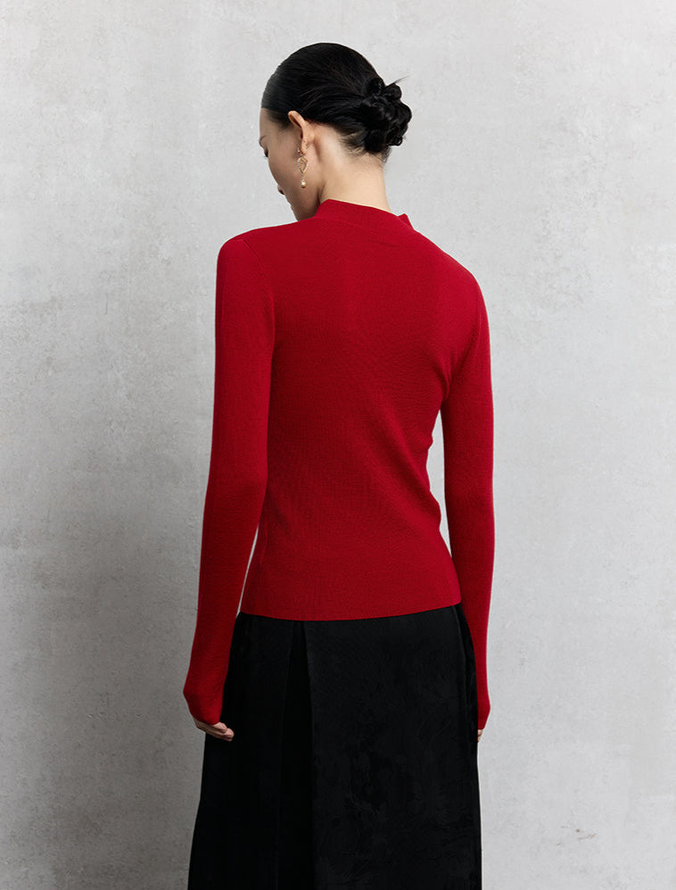 HECO Plain Worsted Wool Cheongsam Collar Buckle Knitwear - close.