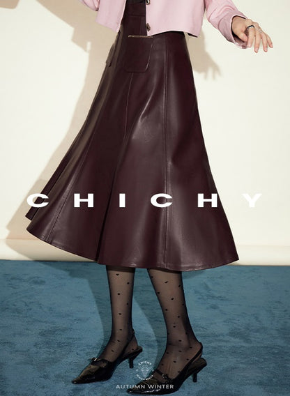 CHICHY retro socialite dark red leather long skirt-DAN