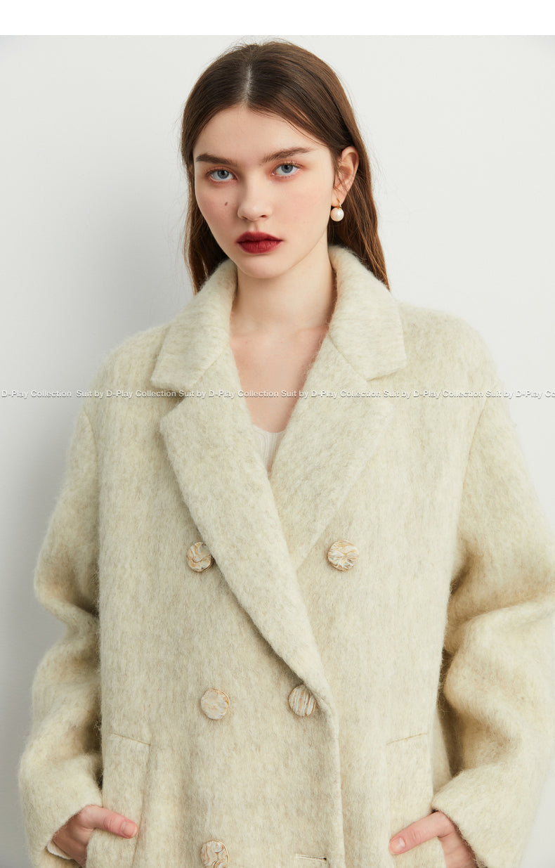 DPLAY's  beige oatmeal winter double-breasted long wool coat- Kida