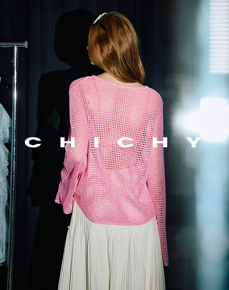 CHICHY long-sleeved cut-out gradient blended pink wool knit chic top-JARVIS